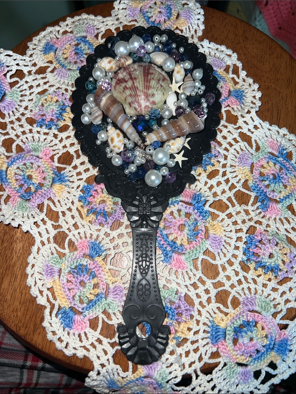 Decorative handcrafted Black Mermaid Hand Mirror with Pearl & Shell